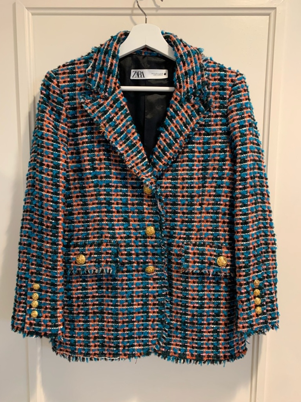 Zara Teal, Coral & Black Tweed Blazer with Gold Buttons